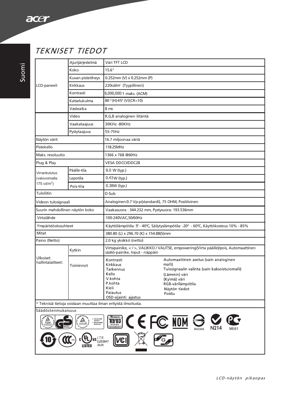 Tekniset tiedot, Suomi | Acer X163WL User Manual | Page 36 / 55