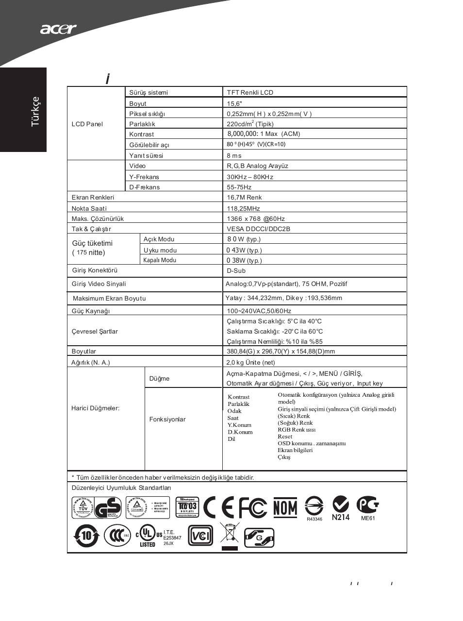 Özell ikler, Tü rk çe | Acer X163WL User Manual | Page 40 / 55