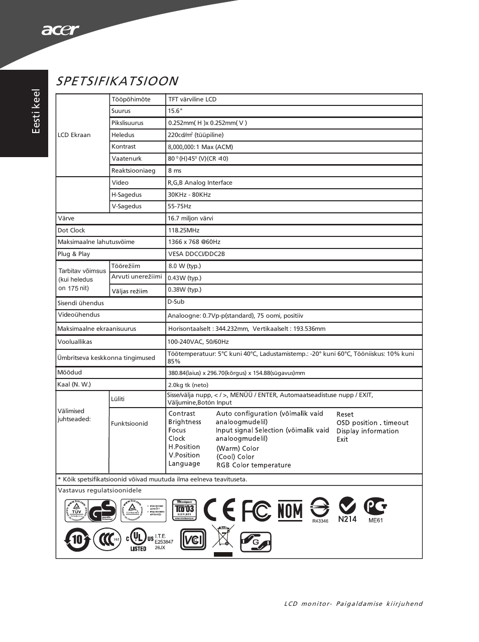 Spetsifikatsioon, Ee st i ke el | Acer X163WL User Manual | Page 48 / 55
