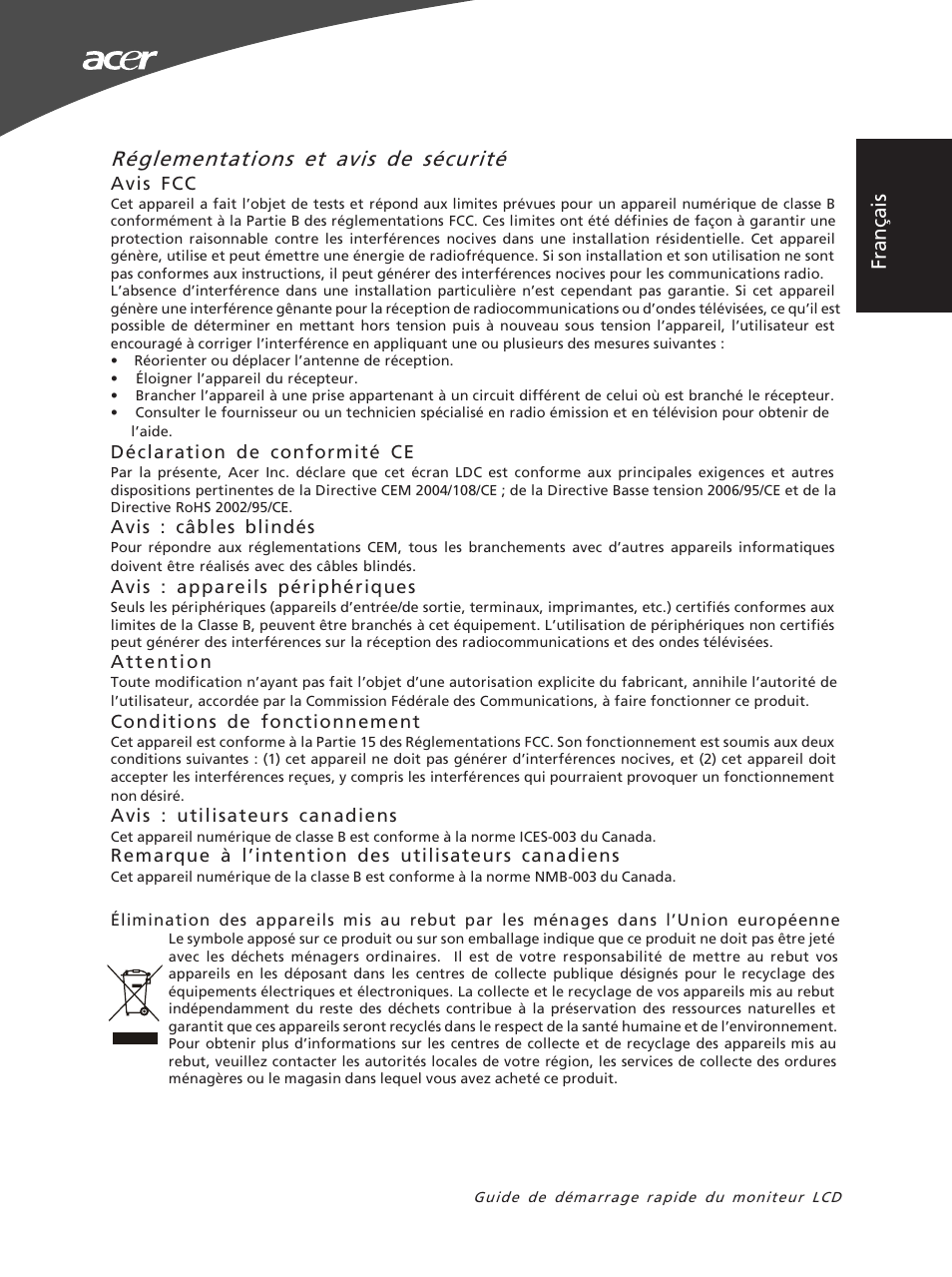 Réglementations et avis de sécurité | Acer X163WL User Manual | Page 5 / 55