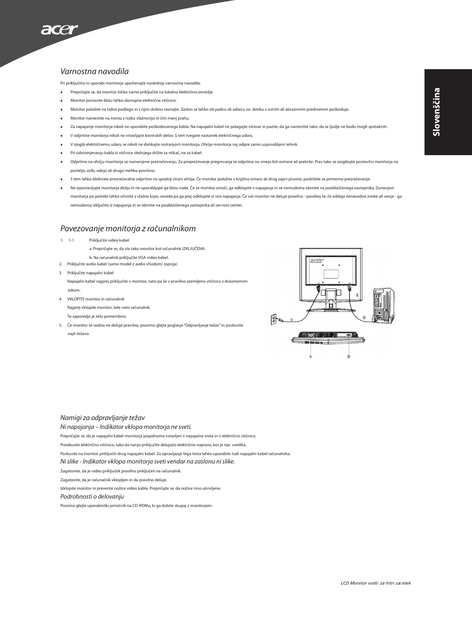 Slo v enščina, Varnostna navodila, Povezovanje monitorja z računalnikom | Namigi za odpravljanje težav | Acer X163WL User Manual | Page 53 / 55