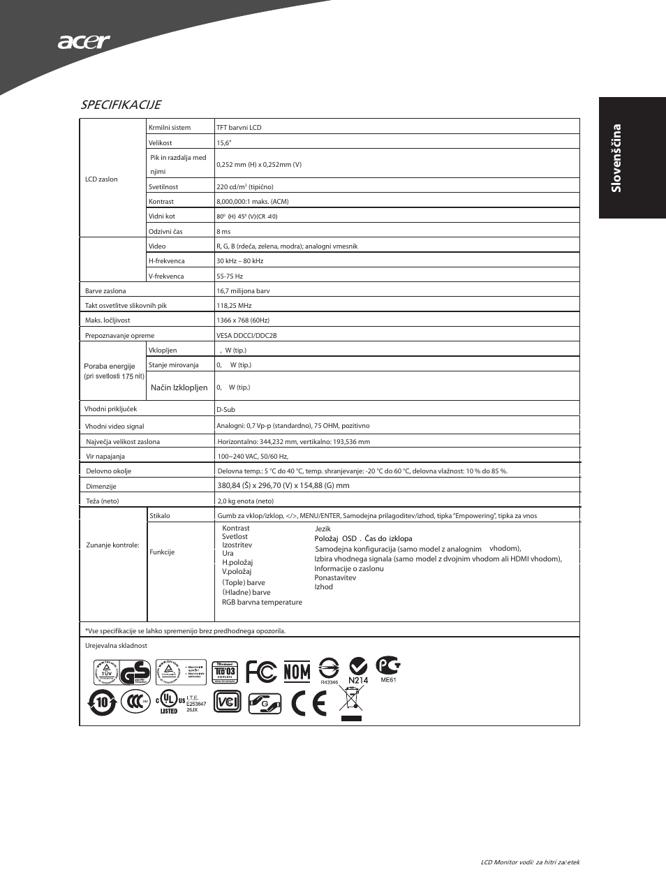 Specifikacije, Slo v enščina | Acer X163WL User Manual | Page 55 / 55