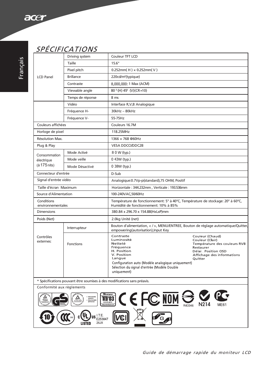 Spécifications, Fr an ça is | Acer X163WL User Manual | Page 6 / 55