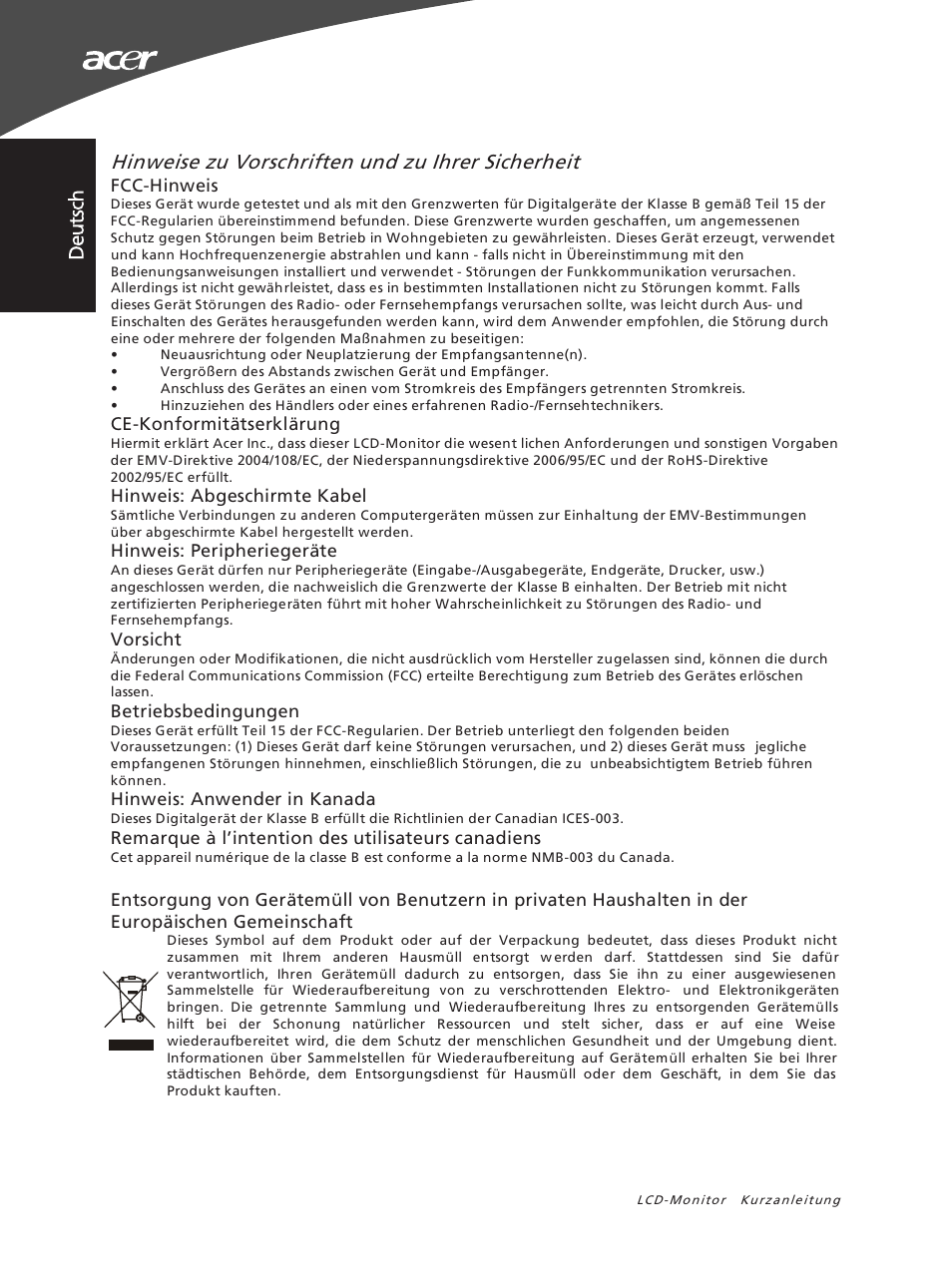 Hinweise zu vorschriften und zu ihrer sicherheit, Deu tsc h | Acer X163WL User Manual | Page 8 / 55