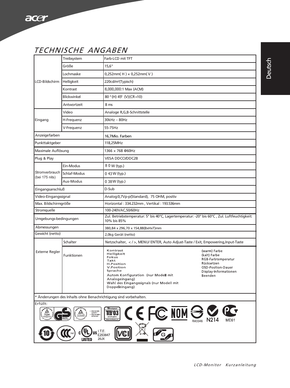 Technische angaben | Acer X163WL User Manual | Page 9 / 55