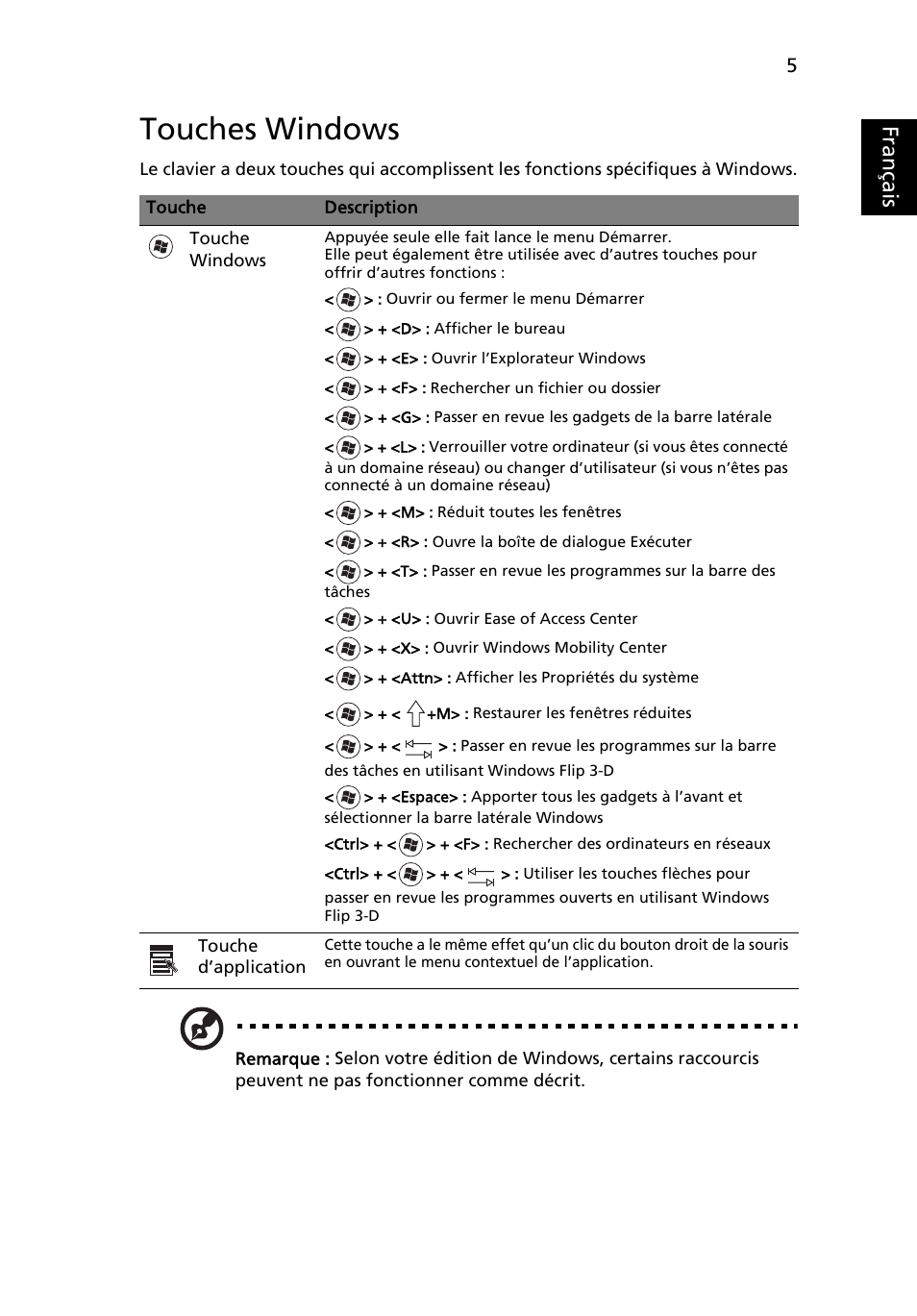 Touches windows, Français | Acer Aspire 5733Z User Manual | Page 103 / 2348