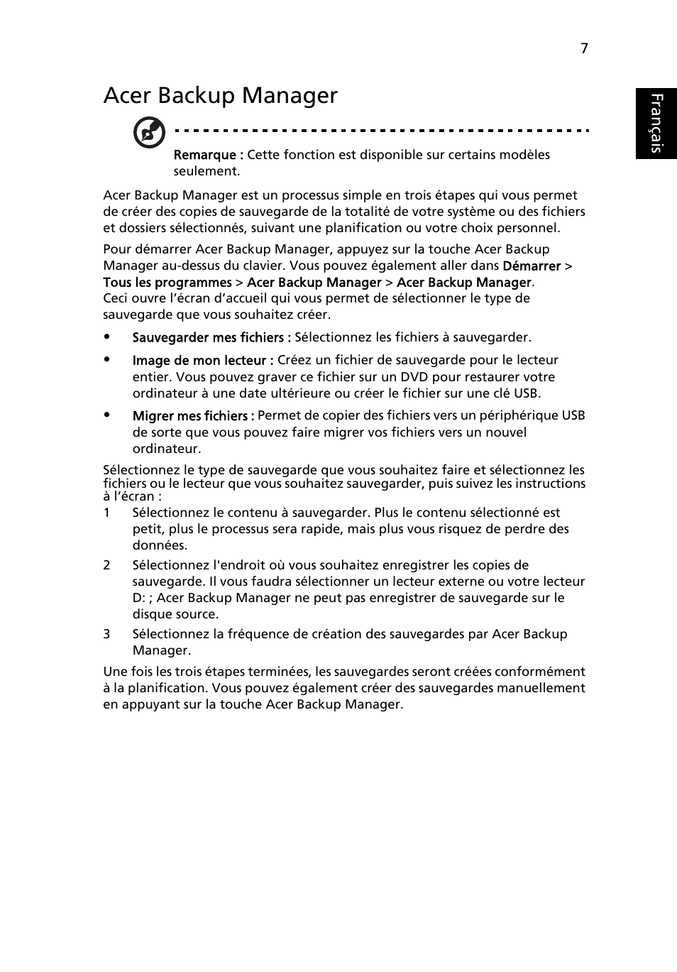 Acer backup manager, Français | Acer Aspire 5733Z User Manual | Page 105 / 2348