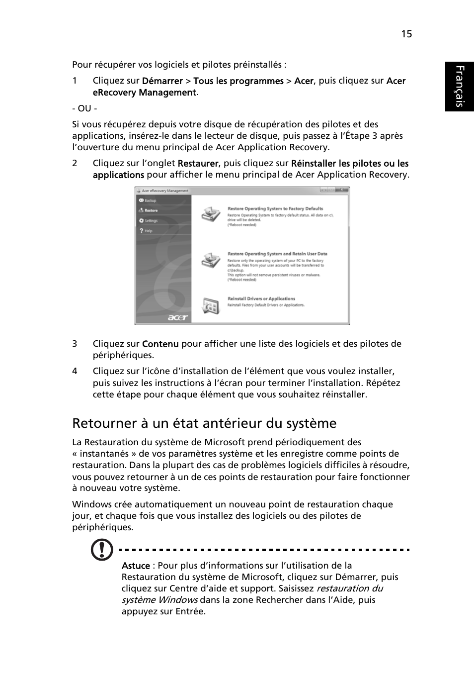 Retourner à un état antérieur du système, Français | Acer Aspire 5733Z User Manual | Page 113 / 2348