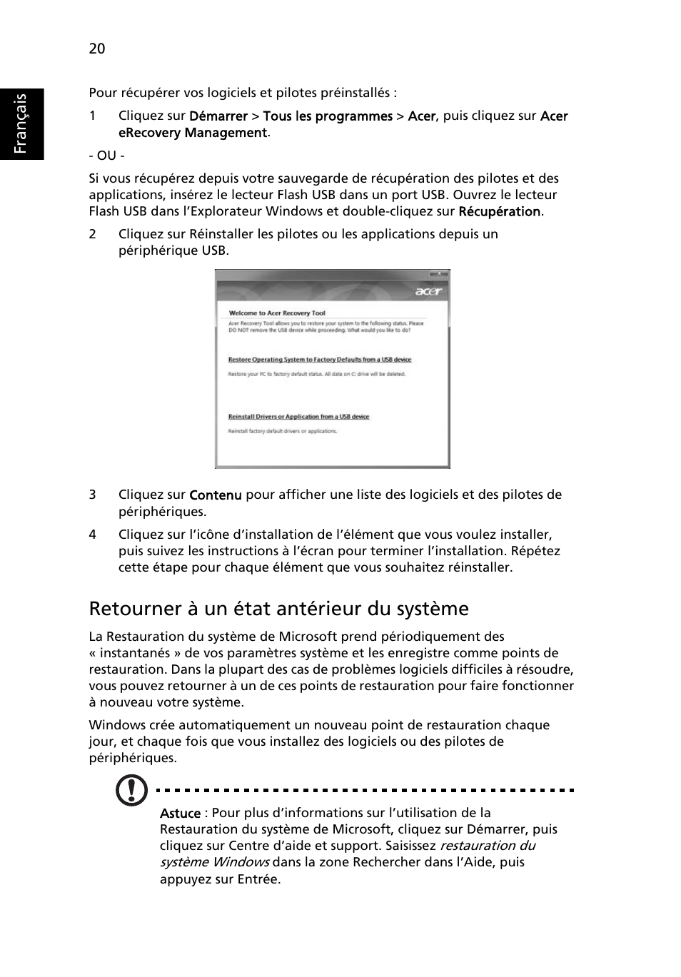 Retourner à un état antérieur du système | Acer Aspire 5733Z User Manual | Page 118 / 2348