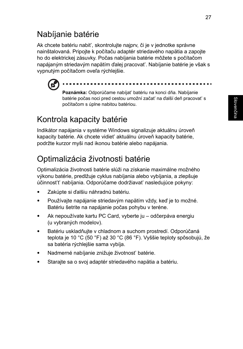 Nabíjanie batérie, Kontrola kapacity batérie, Optimalizácia životnosti batérie | Acer Aspire 5733Z User Manual | Page 1189 / 2348