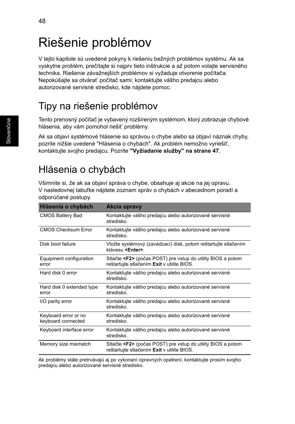 Riešenie problémov, Tipy na riešenie problémov, Hlásenia o chybách | Acer Aspire 5733Z User Manual | Page 1210 / 2348