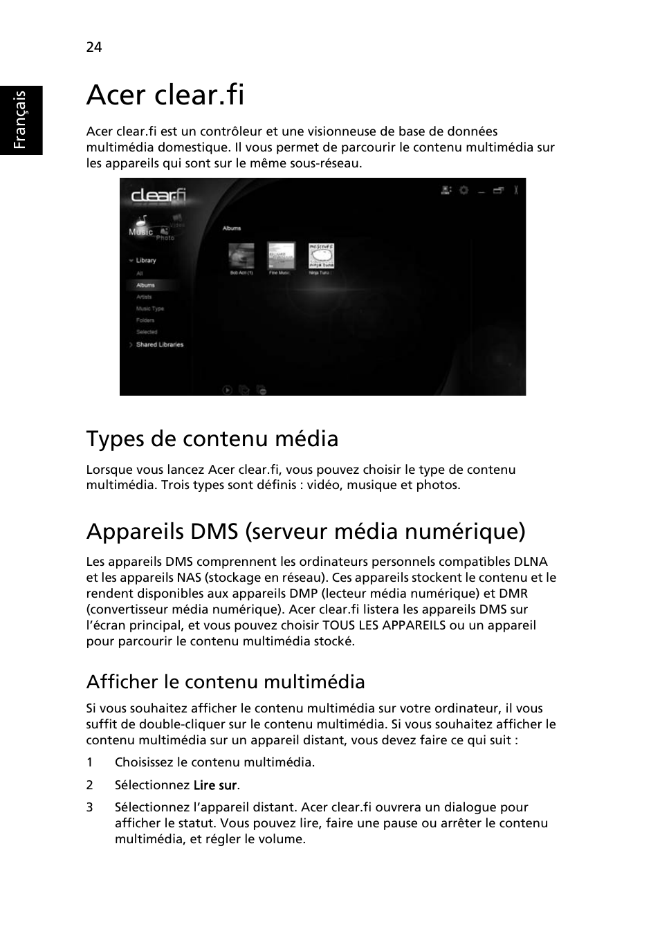 Acer clear.fi, Types de contenu média, Appareils dms (serveur média numérique) | Afficher le contenu multimédia | Acer Aspire 5733Z User Manual | Page 122 / 2348