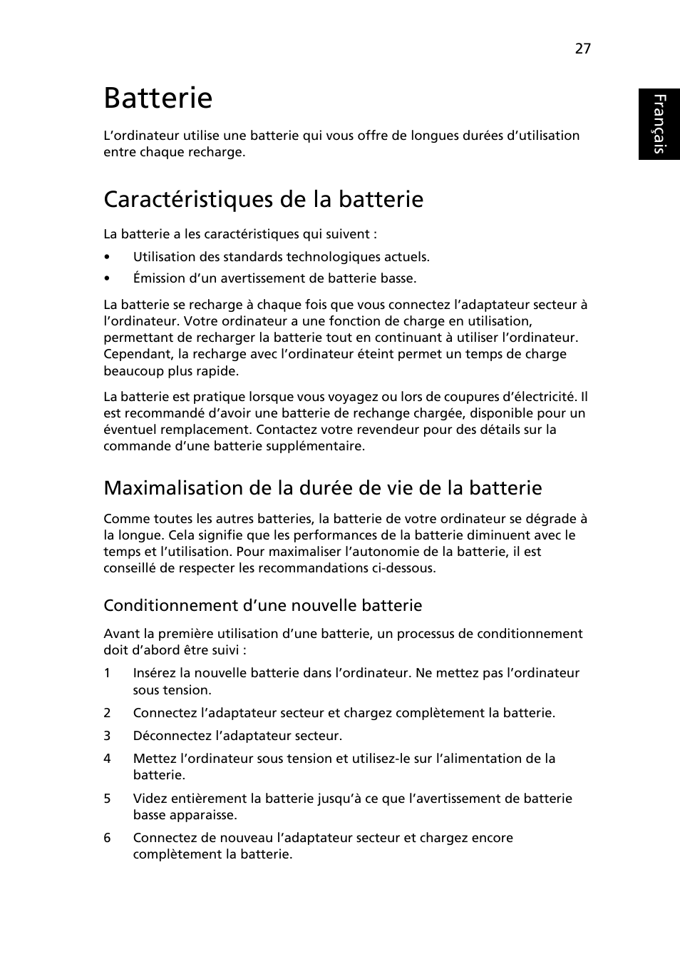Batterie, Caractéristiques de la batterie, Maximalisation de la durée de vie de la batterie | Français | Acer Aspire 5733Z User Manual | Page 125 / 2348
