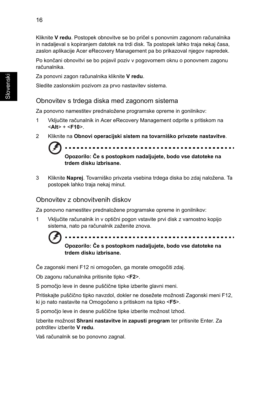 Obnovitev s trdega diska med zagonom sistema, Obnovitev z obnovitvenih diskov | Acer Aspire 5733Z User Manual | Page 1252 / 2348