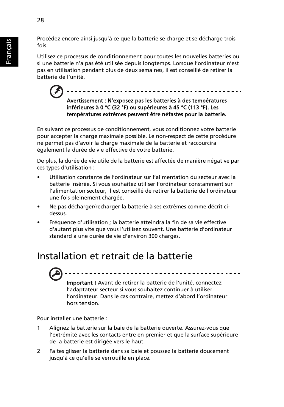 Installation et retrait de la batterie | Acer Aspire 5733Z User Manual | Page 126 / 2348