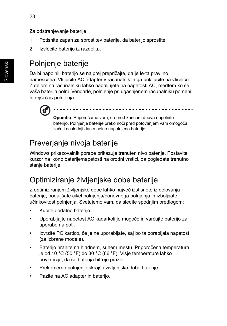 Polnjenje baterije, Preverjanje nivoja baterije, Optimiziranje življenjske dobe baterije | Acer Aspire 5733Z User Manual | Page 1264 / 2348