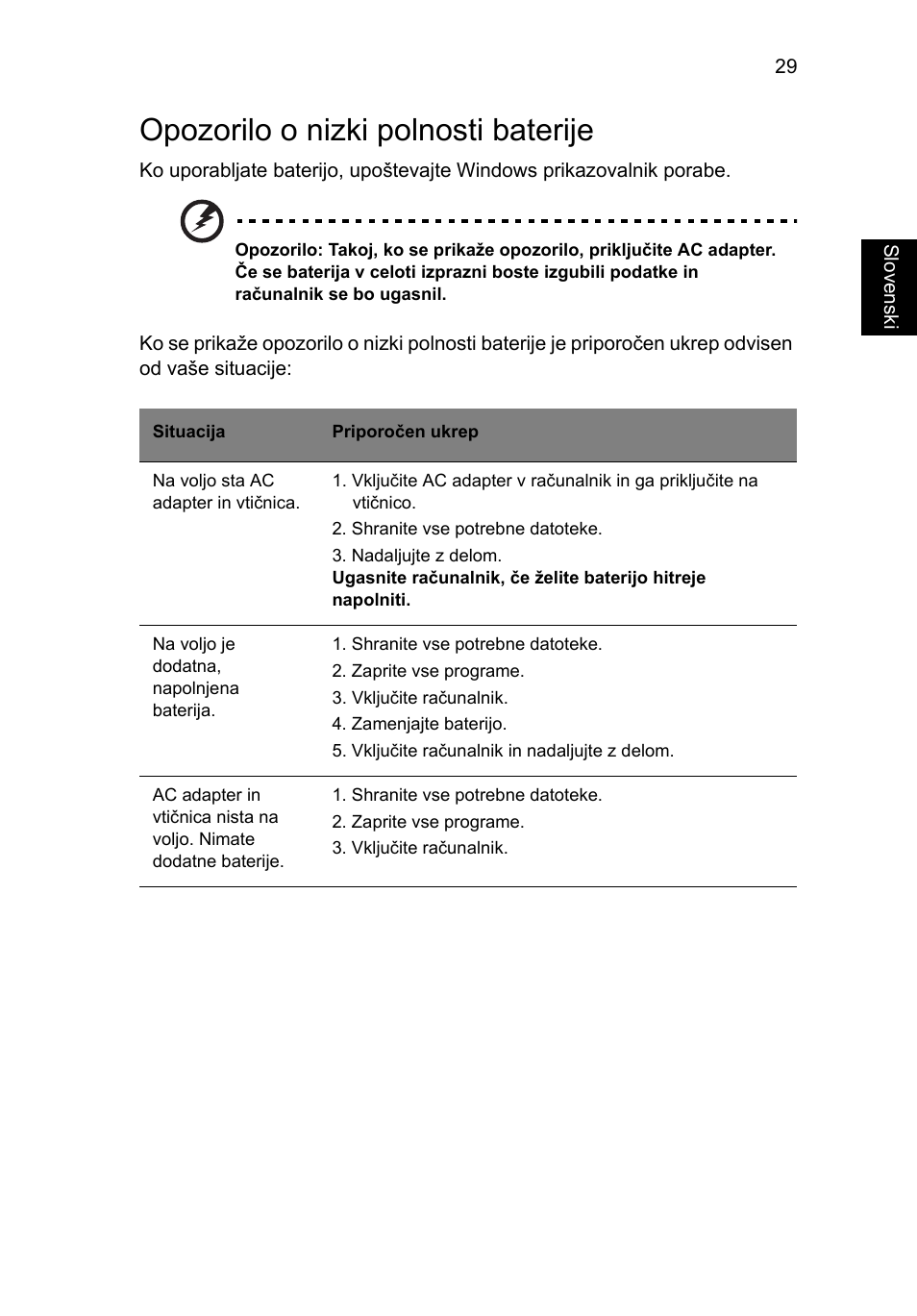 Opozorilo o nizki polnosti baterije | Acer Aspire 5733Z User Manual | Page 1265 / 2348