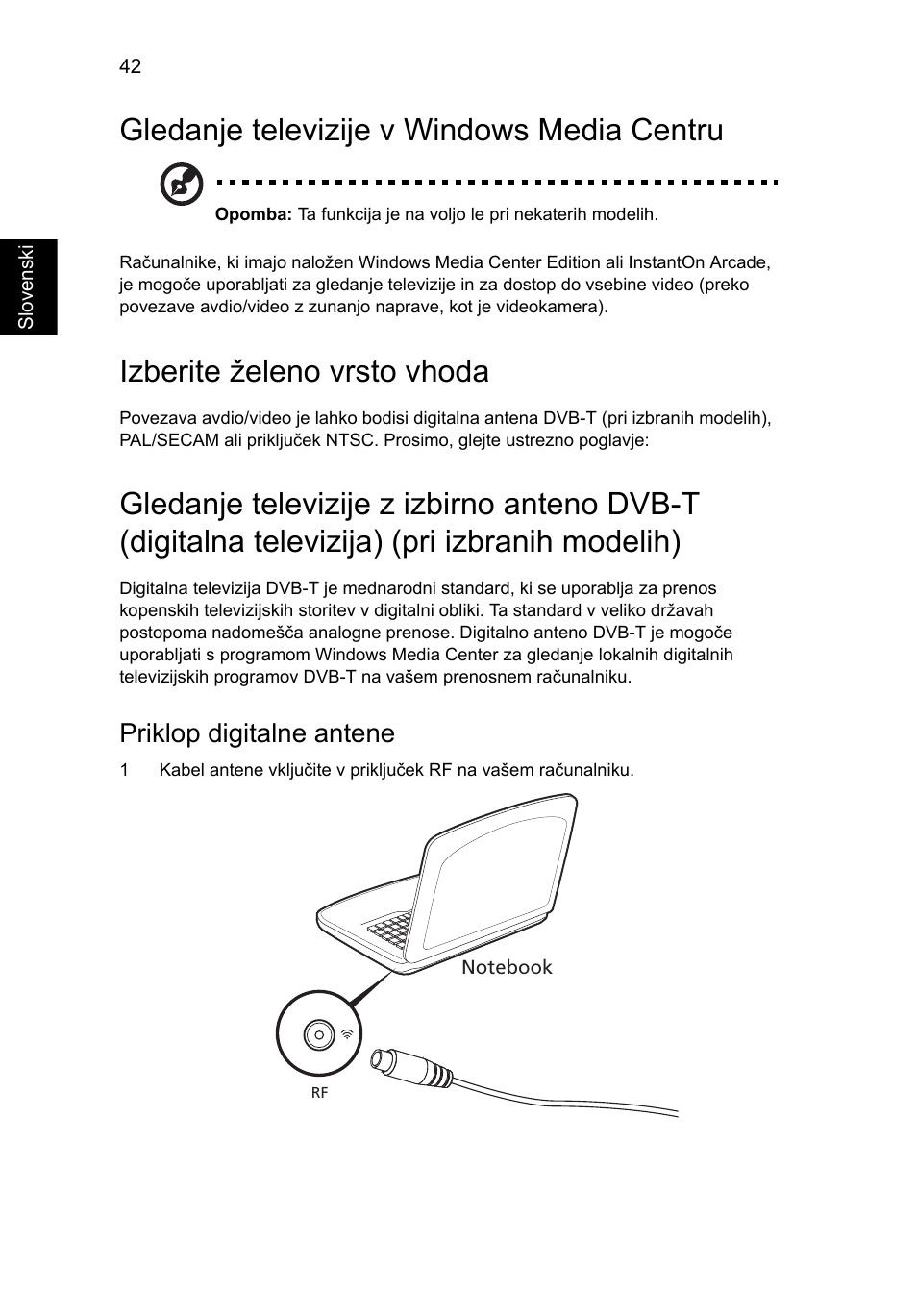 Gledanje televizije v windows media centru, Izberite želeno vrsto vhoda, Priklop digitalne antene | Acer Aspire 5733Z User Manual | Page 1278 / 2348