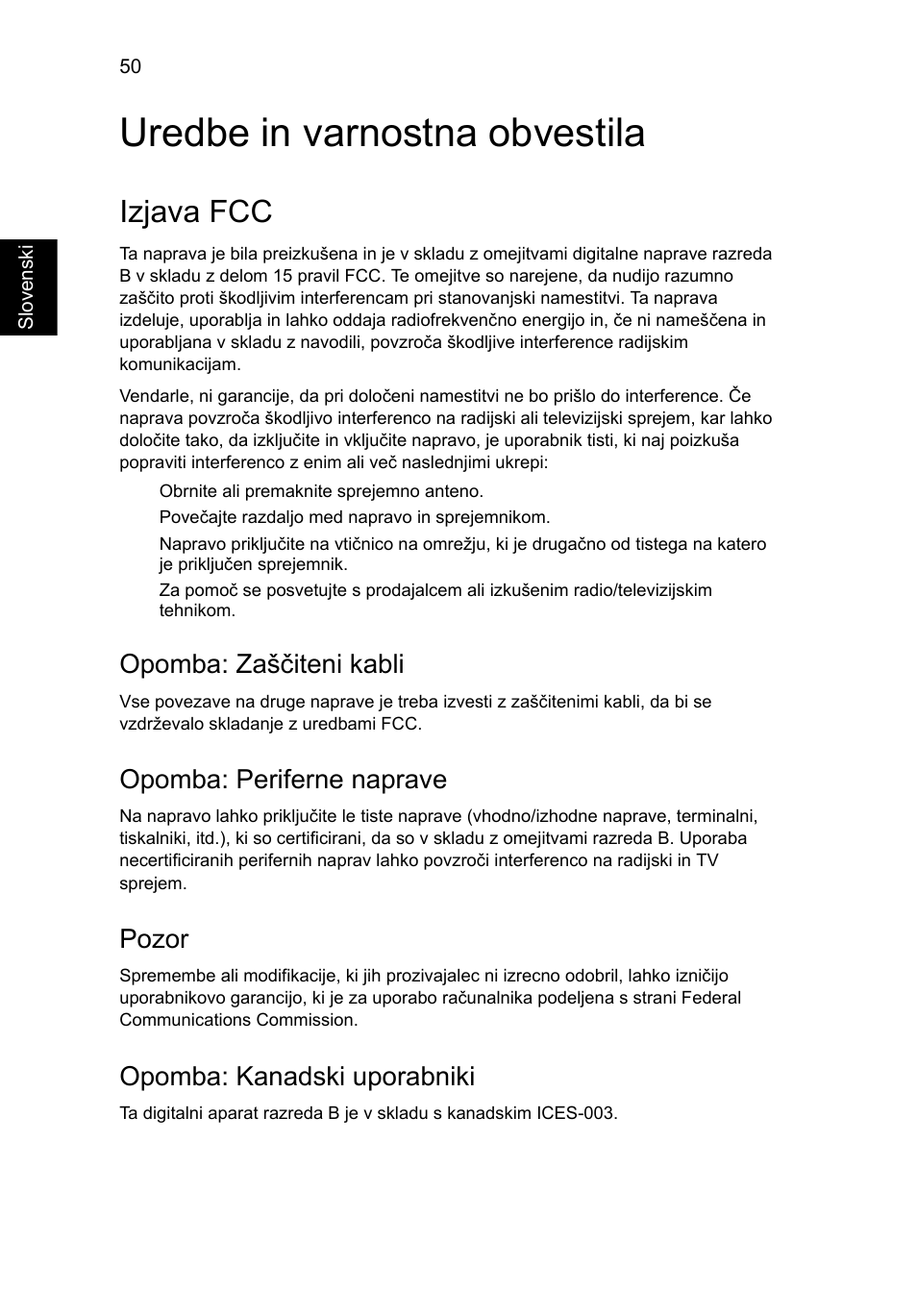 Uredbe in varnostna obvestila, Izjava fcc, Opomba: zaščiteni kabli | Opomba: periferne naprave, Pozor, Opomba: kanadski uporabniki | Acer Aspire 5733Z User Manual | Page 1286 / 2348