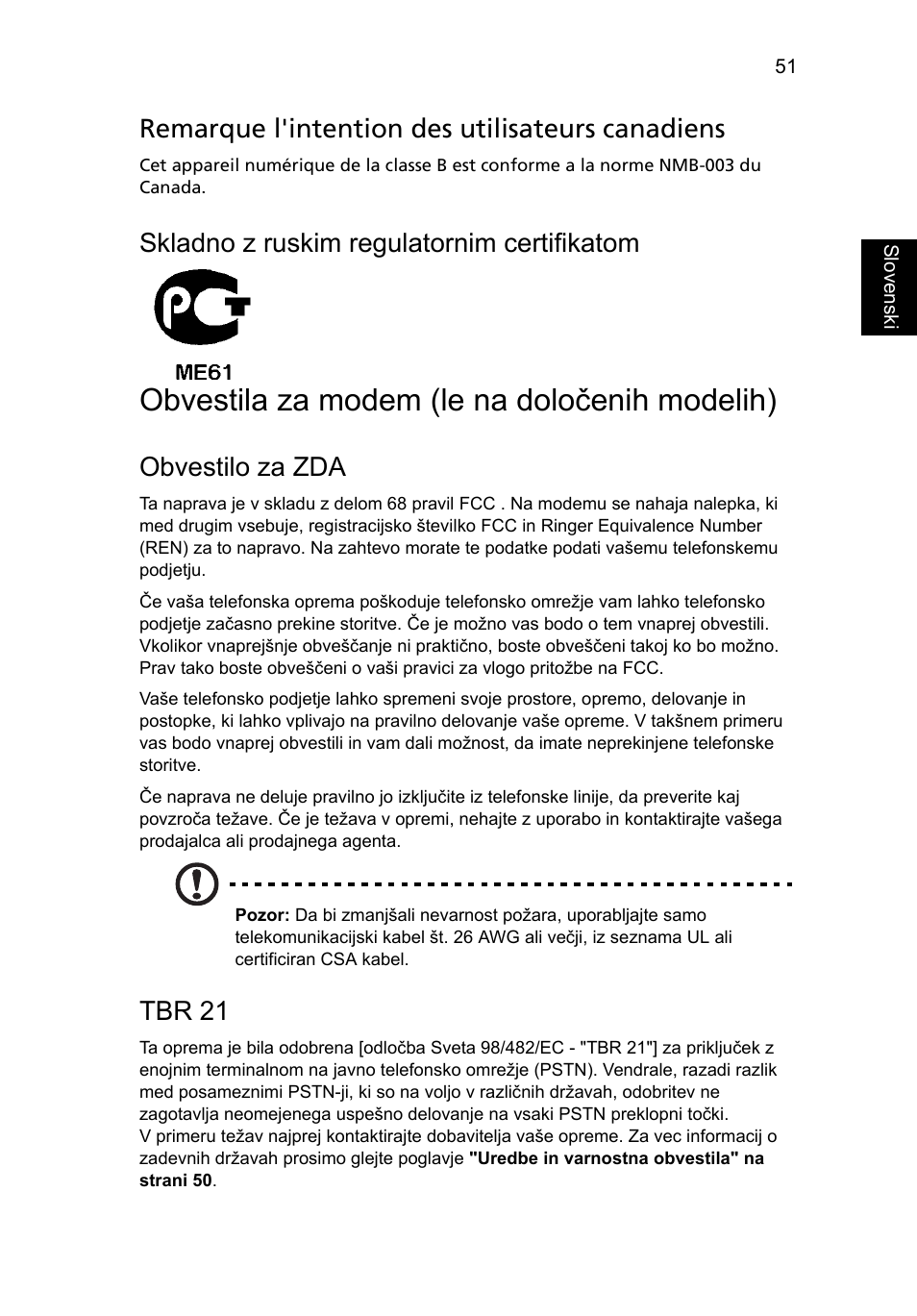 Obvestila za modem (le na določenih modelih), Remarque l'intention des utilisateurs canadiens, Skladno z ruskim regulatornim certifikatom | Obvestilo za zda, Tbr 21 | Acer Aspire 5733Z User Manual | Page 1287 / 2348