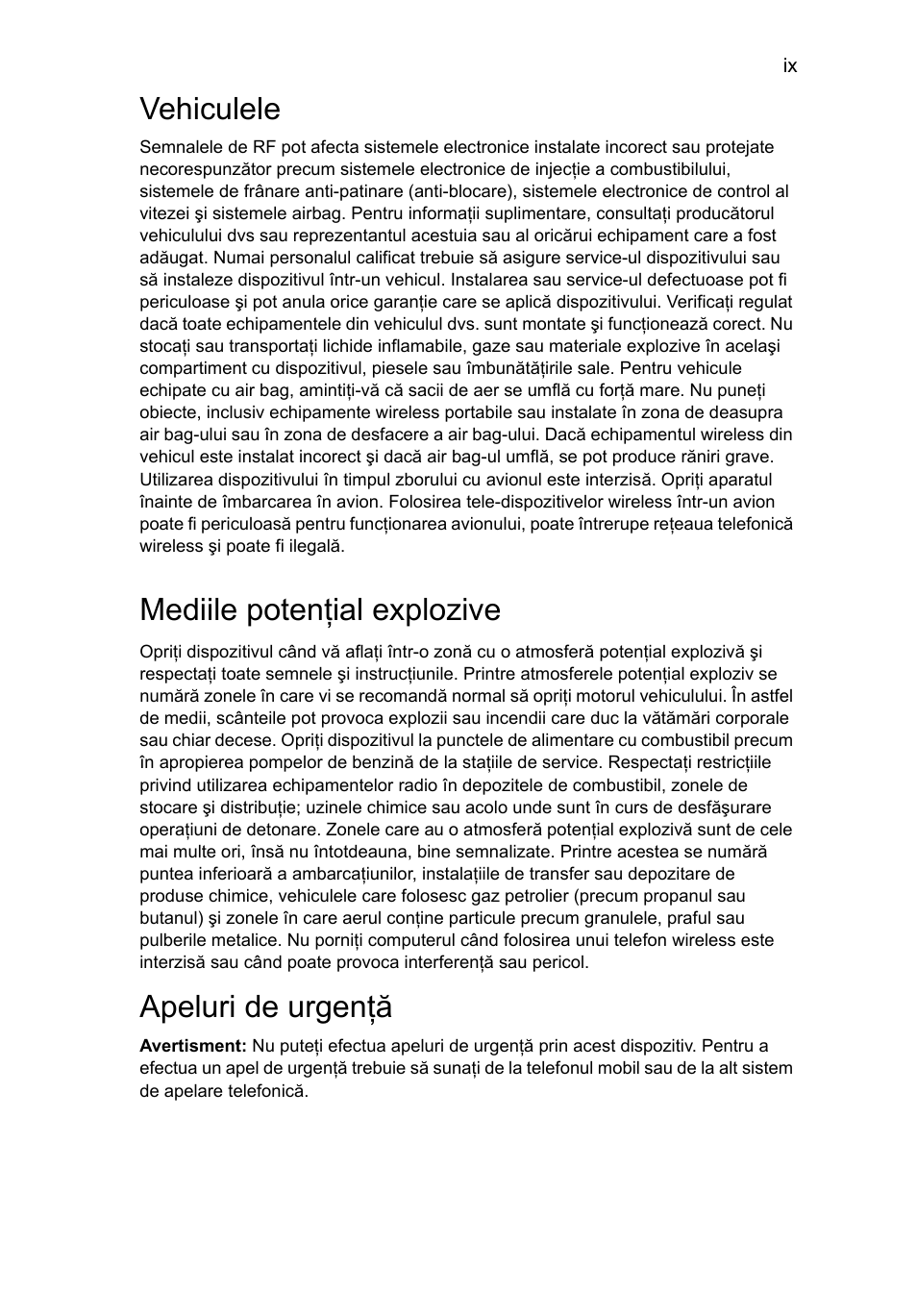 Vehiculele, Mediile potenţial explozive, Apeluri de urgenţă | Acer Aspire 5733Z User Manual | Page 1377 / 2348