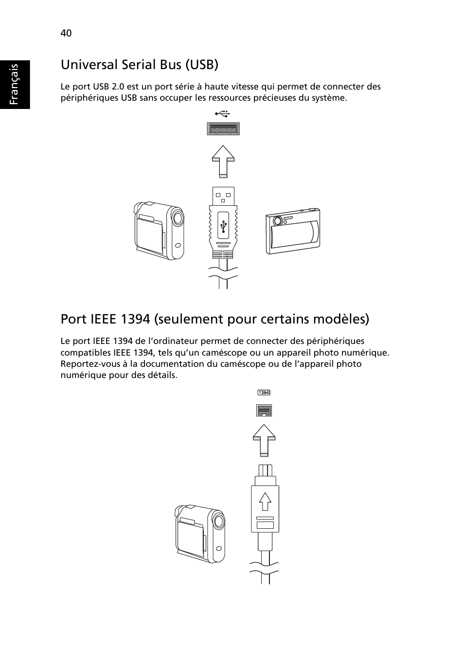 Universal serial bus (usb), Port ieee 1394 (seulement pour certains modèles) | Acer Aspire 5733Z User Manual | Page 138 / 2348