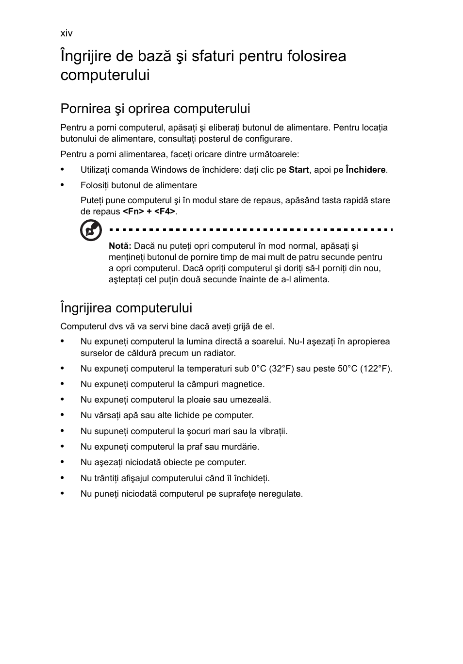Pornirea şi oprirea computerului, Îngrijirea computerului | Acer Aspire 5733Z User Manual | Page 1382 / 2348