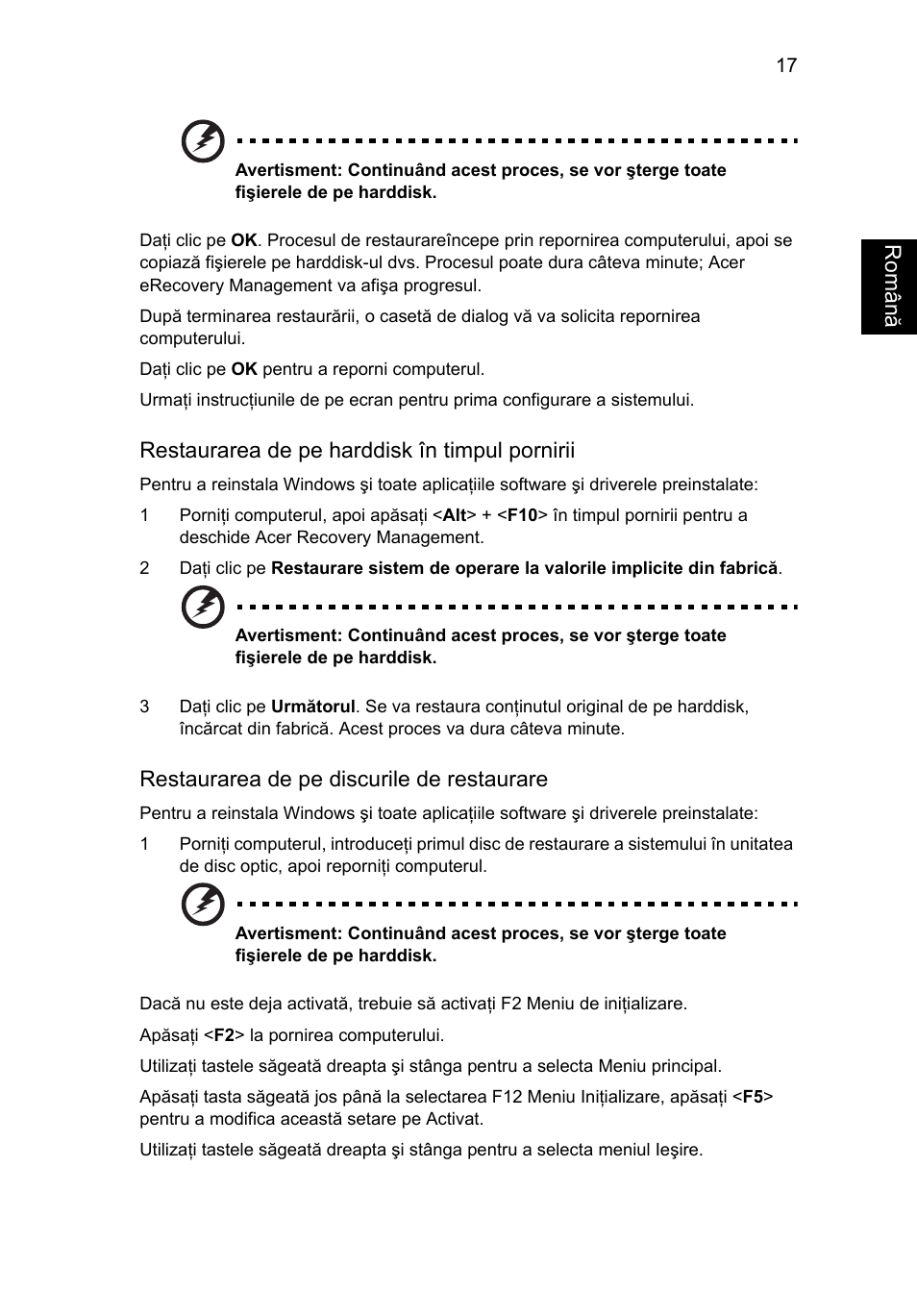 Restaurarea de pe discurile de restaurare" la | Acer Aspire 5733Z User Manual | Page 1405 / 2348