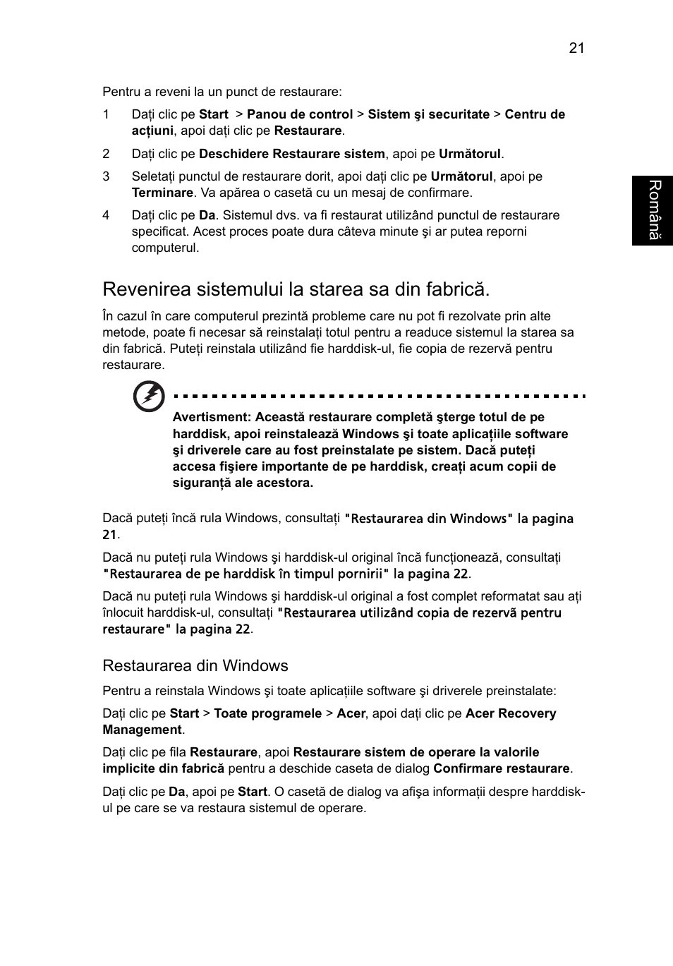 Revenirea sistemului la starea sa din fabrică | Acer Aspire 5733Z User Manual | Page 1409 / 2348