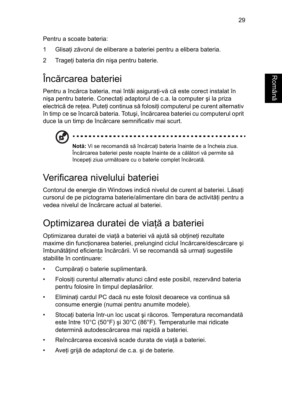 Încărcarea bateriei, Verificarea nivelului bateriei, Optimizarea duratei de viaţă a bateriei | Acer Aspire 5733Z User Manual | Page 1417 / 2348