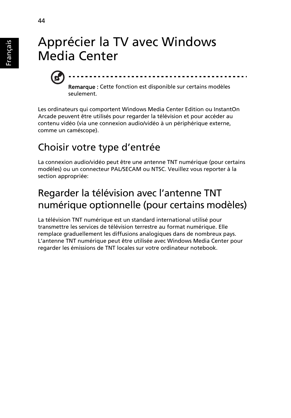 Apprécier la tv avec windows media center, Choisir votre type d’entrée | Acer Aspire 5733Z User Manual | Page 142 / 2348