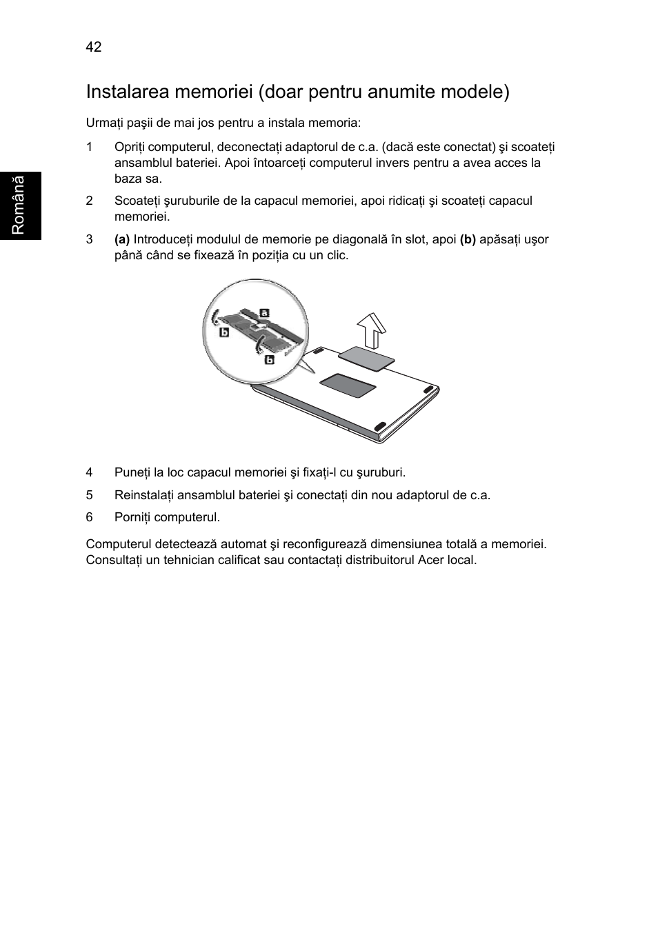 Instalarea memoriei (doar pentru anumite modele) | Acer Aspire 5733Z User Manual | Page 1430 / 2348