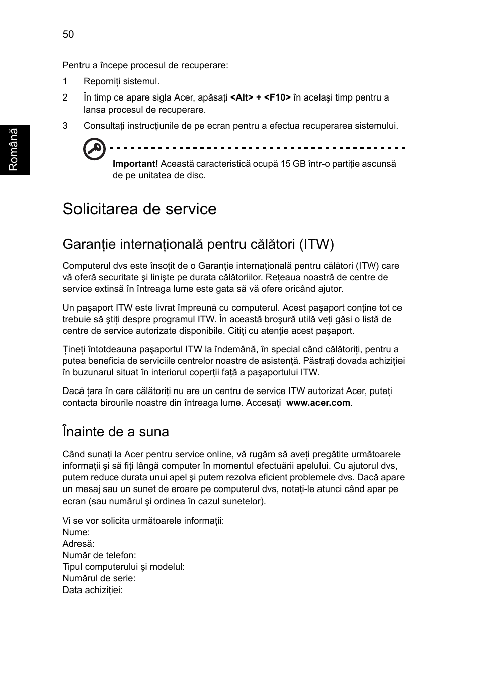 Solicitarea de service, Garanţie internaţională pentru călători (itw), Înainte de a suna | Acer Aspire 5733Z User Manual | Page 1438 / 2348