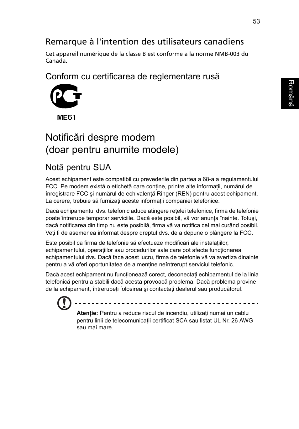 Remarque à l'intention des utilisateurs canadiens, Conform cu certificarea de reglementare rusă, Notă pentru sua | Acer Aspire 5733Z User Manual | Page 1441 / 2348