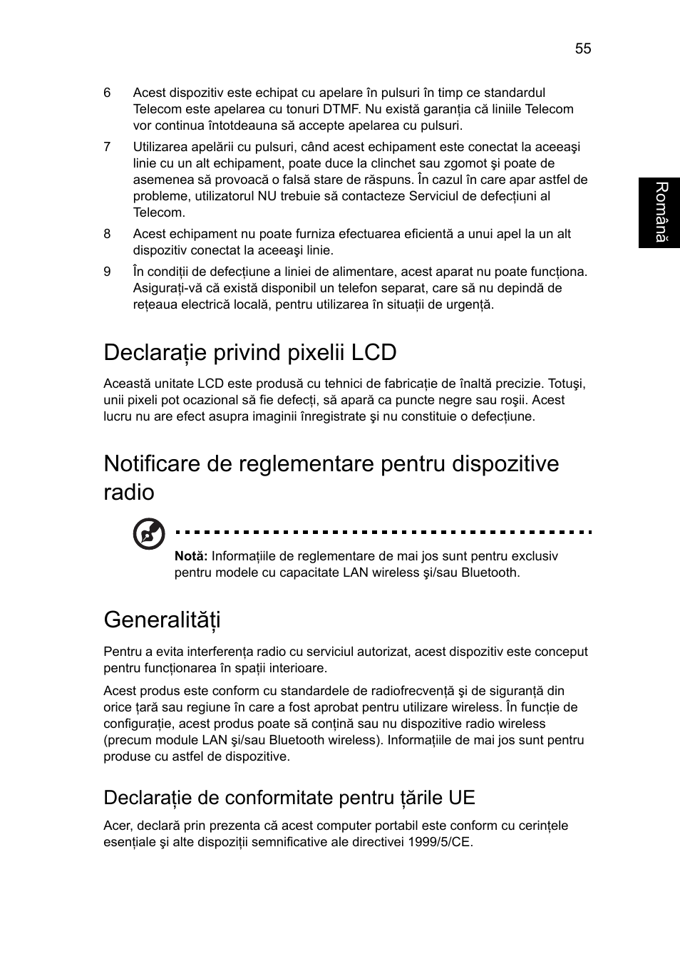 Declaraţie privind pixelii lcd, Generalităţi, Declaraţie de conformitate pentru ţările ue | Acer Aspire 5733Z User Manual | Page 1443 / 2348