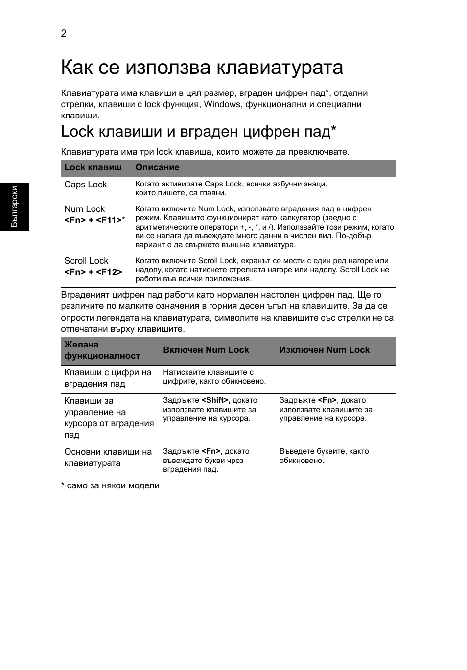 Как се използва клавиатурата, Lock клавиши и вграден цифрен пад | Acer Aspire 5733Z User Manual | Page 1468 / 2348