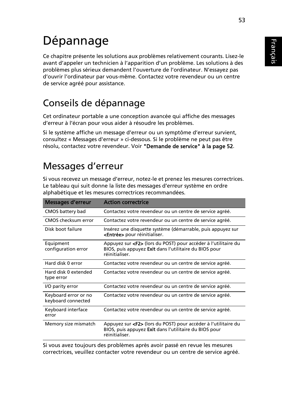Dépannage, Conseils de dépannage, Messages d’erreur | Français, Eng lish | Acer Aspire 5733Z User Manual | Page 151 / 2348