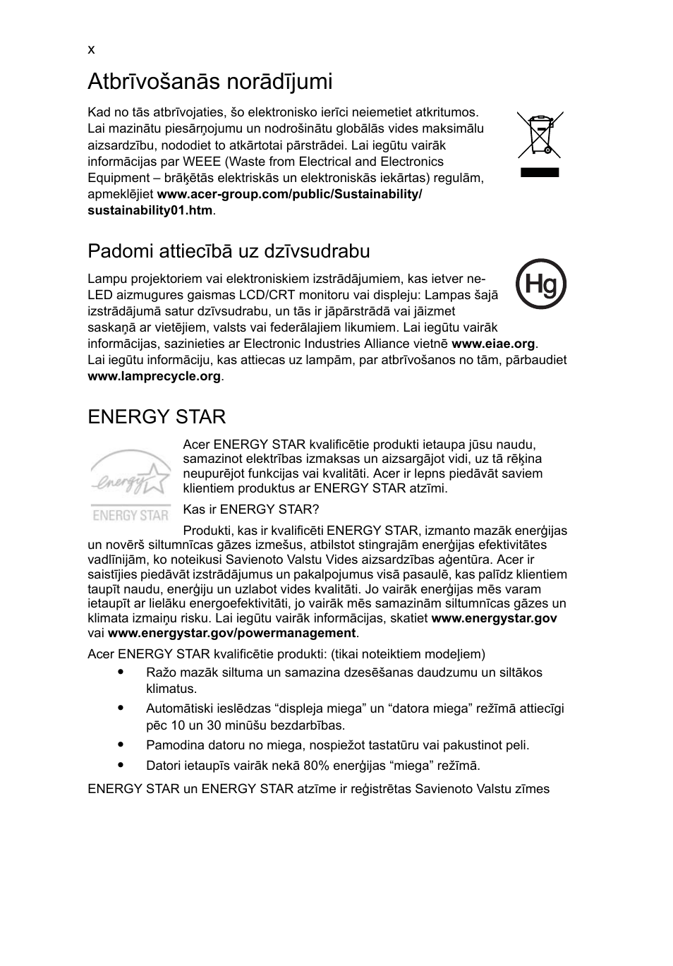 Atbrīvošanās norādījumi, Padomi attiecībā uz dzīvsudrabu, Energy star | Acer Aspire 5733Z User Manual | Page 1608 / 2348