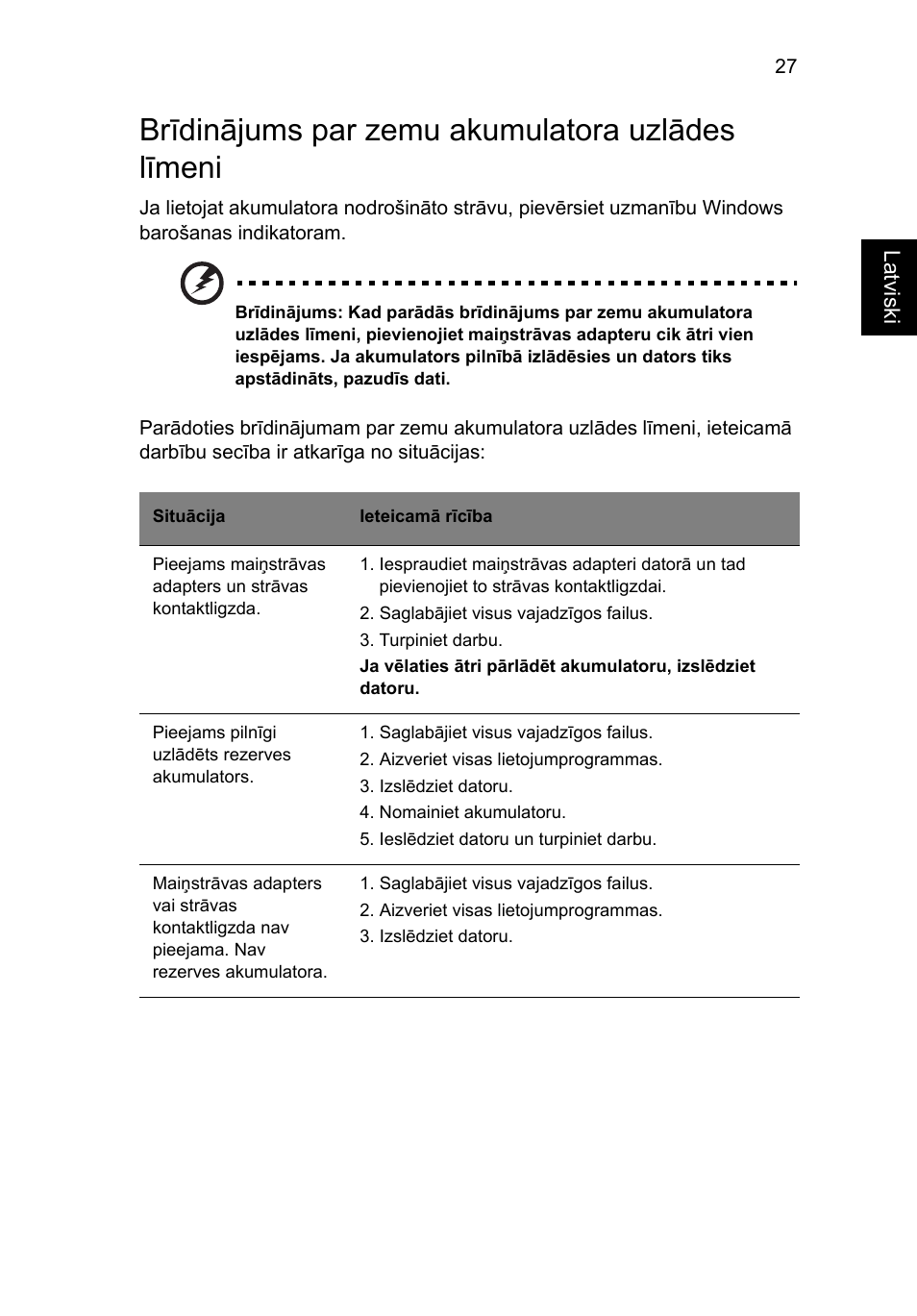 Brīdinājums par zemu akumulatora uzlādes līmeni | Acer Aspire 5733Z User Manual | Page 1645 / 2348