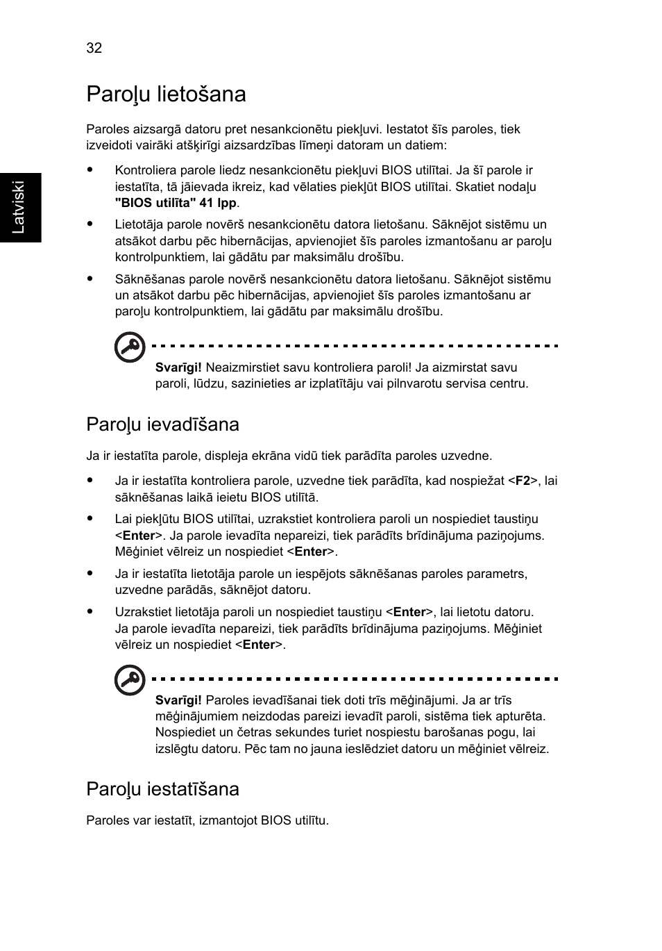 Paroļu lietošana, Paroļu ievadīšana, Paroļu iestatīšana | Acer Aspire 5733Z User Manual | Page 1650 / 2348