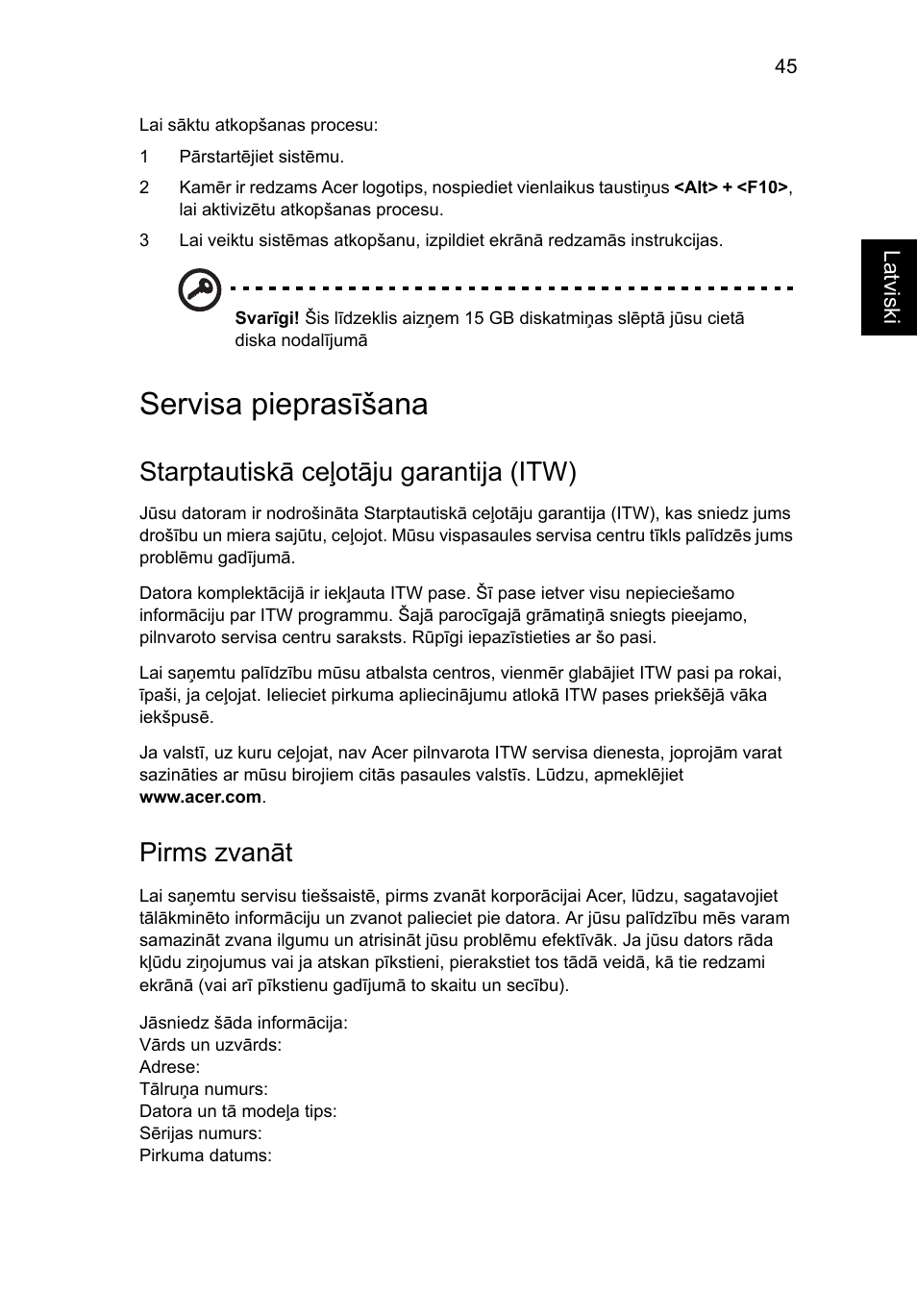 Servisa pieprasīšana, Starptautiskā ceļotāju garantija (itw), Pirms zvanāt | Acer Aspire 5733Z User Manual | Page 1663 / 2348