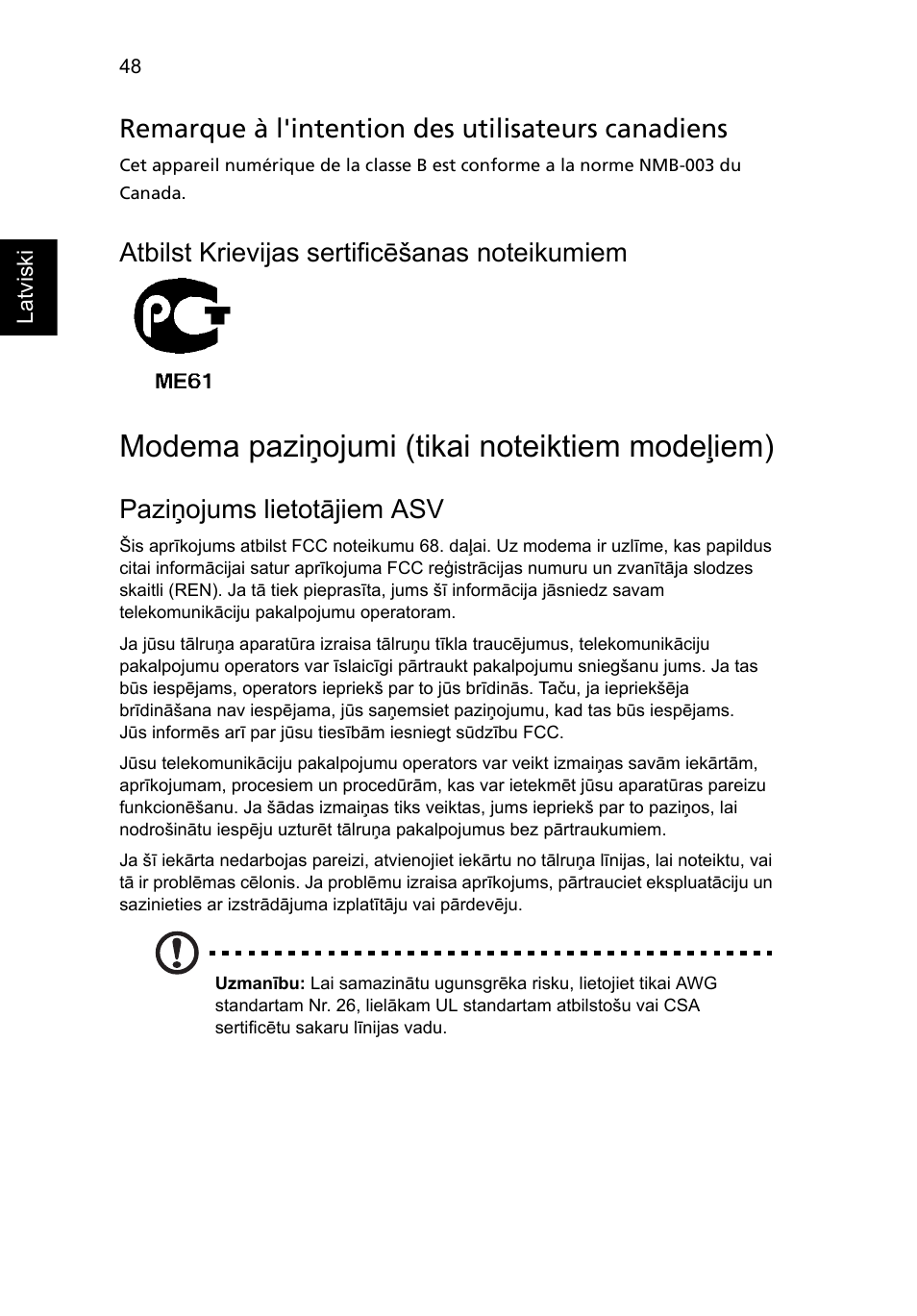 Modema paziņojumi (tikai noteiktiem modeļiem), Remarque à l'intention des utilisateurs canadiens, Paziņojums lietotājiem asv | Acer Aspire 5733Z User Manual | Page 1666 / 2348