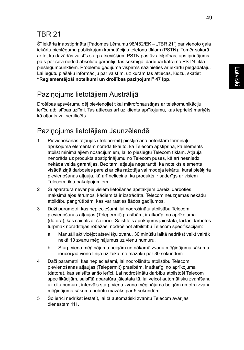 Tbr 21, Paziņojums lietotājiem austrālijā, Paziņojums lietotājiem jaunzēlandē | Acer Aspire 5733Z User Manual | Page 1667 / 2348