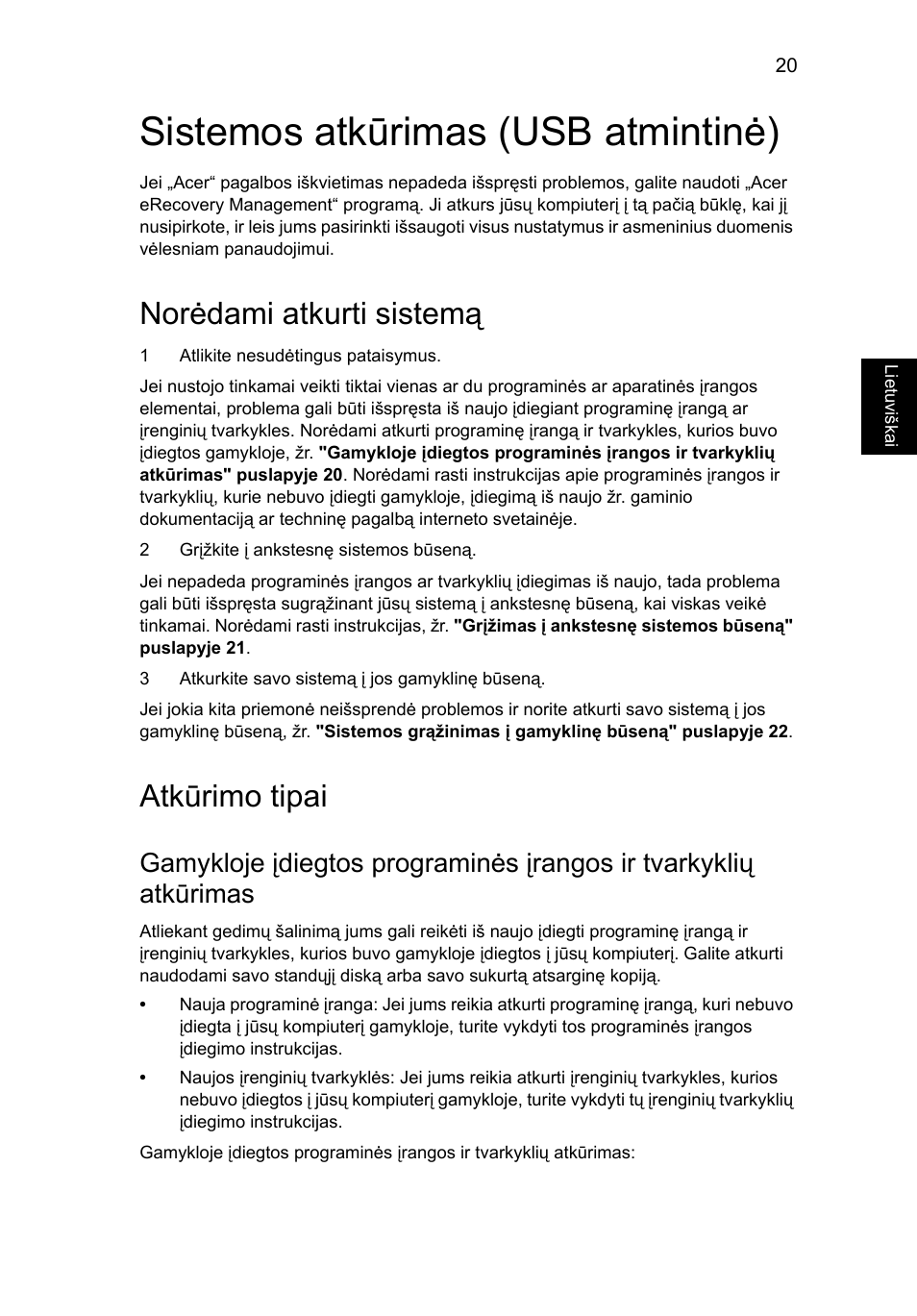 Sistemos atkūrimas (usb atmintinė), Norėdami atkurti sistemą, Atkūrimo tipai | Acer Aspire 5733Z User Manual | Page 1709 / 2348