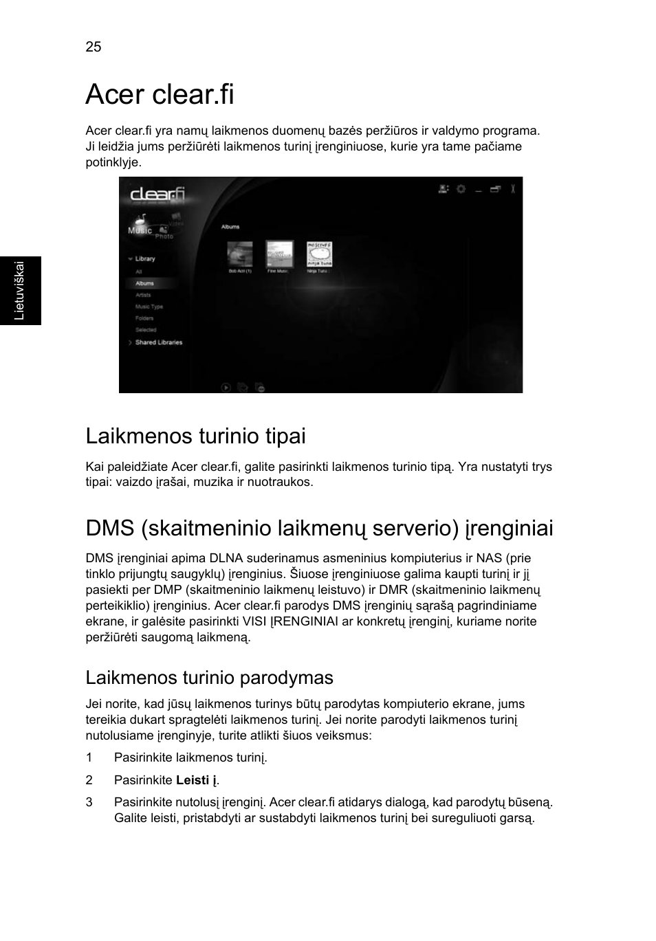 Acer clear.fi, Laikmenos turinio tipai, Dms (skaitmeninio laikmenų serverio) įrenginiai | Laikmenos turinio parodymas | Acer Aspire 5733Z User Manual | Page 1714 / 2348