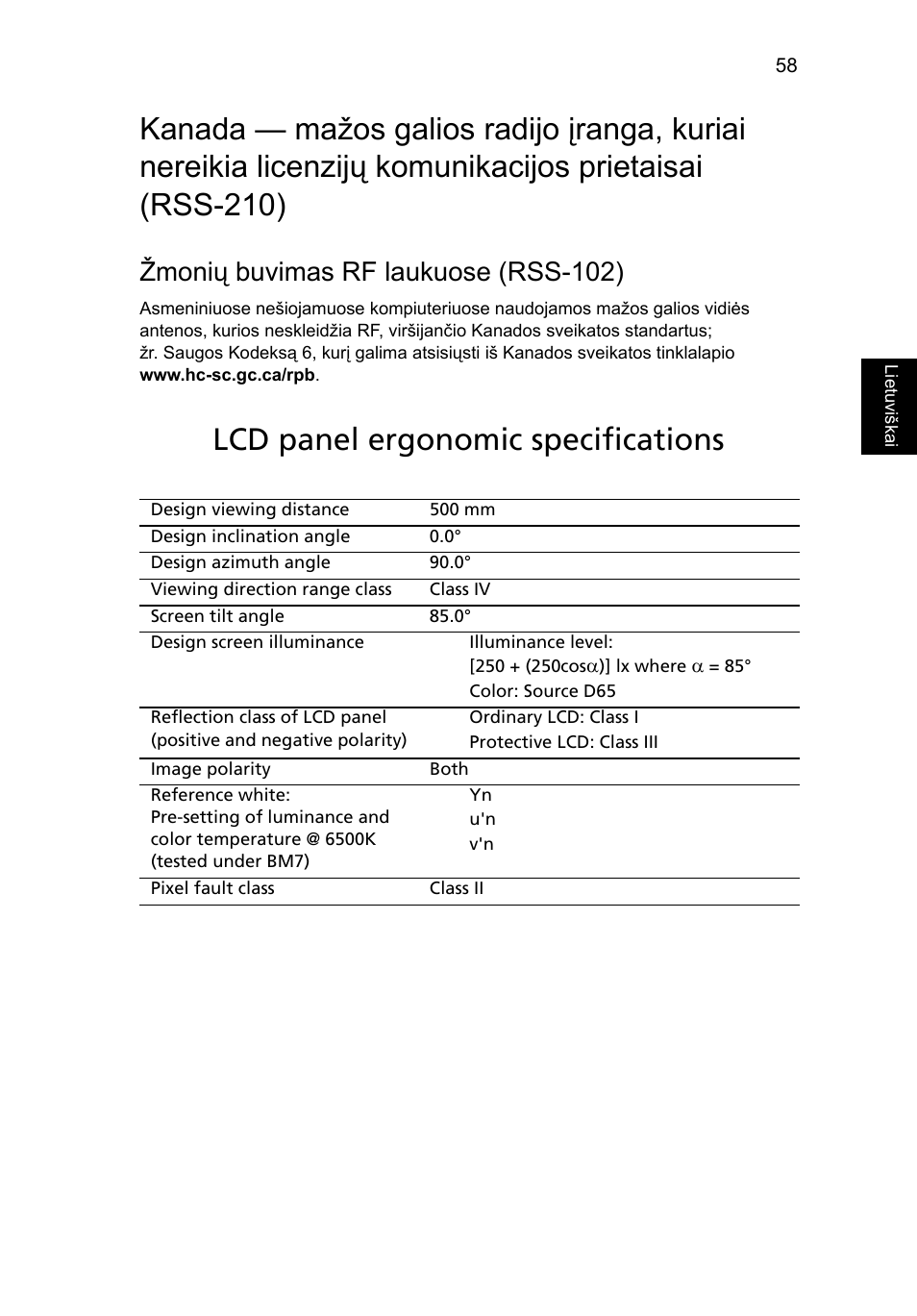 Lcd panel ergonomic specifications, Žmonių buvimas rf laukuose (rss-102) | Acer Aspire 5733Z User Manual | Page 1747 / 2348