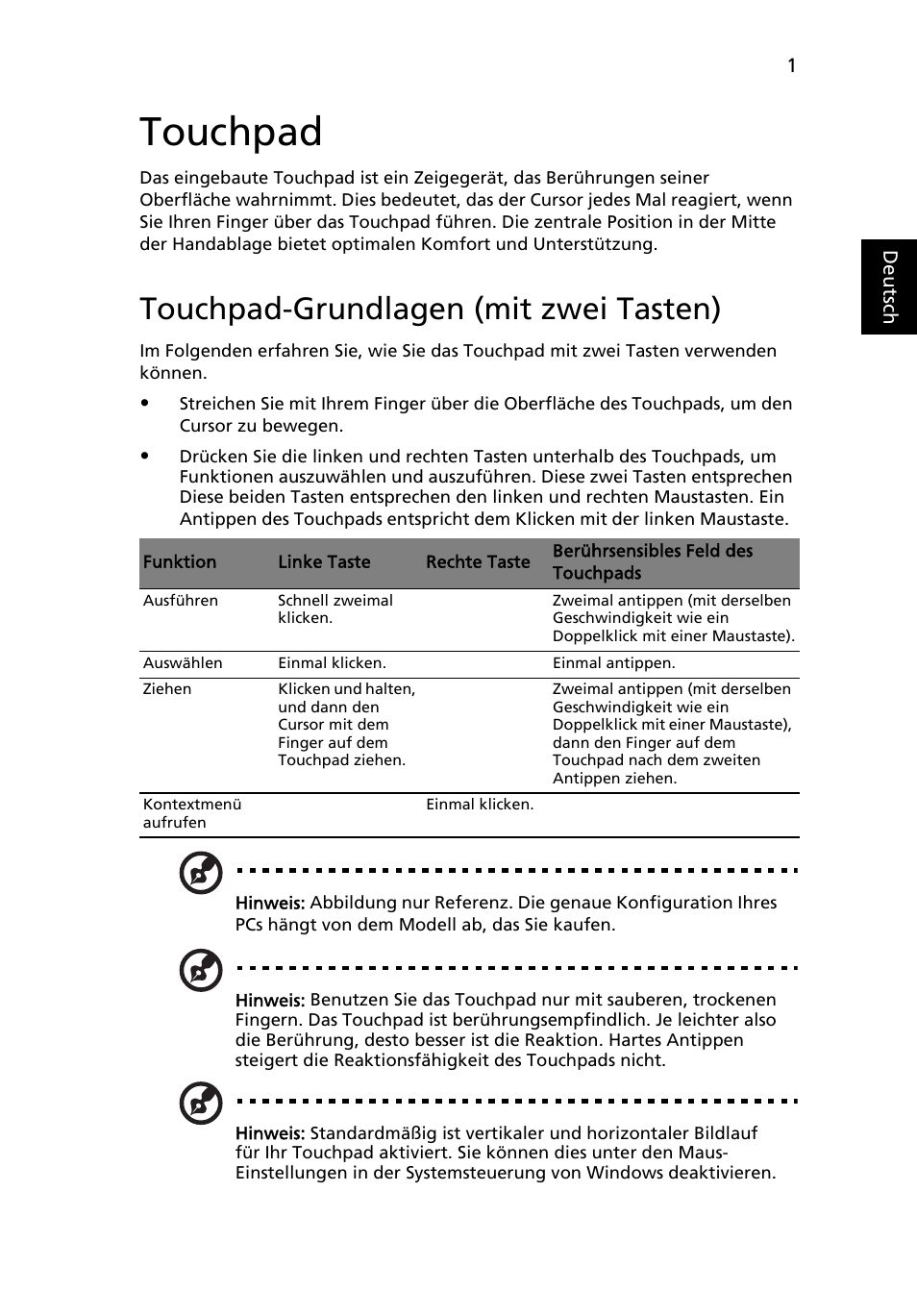 Touchpad, Touchpad-grundlagen (mit zwei tasten) | Acer Aspire 5733Z User Manual | Page 179 / 2348