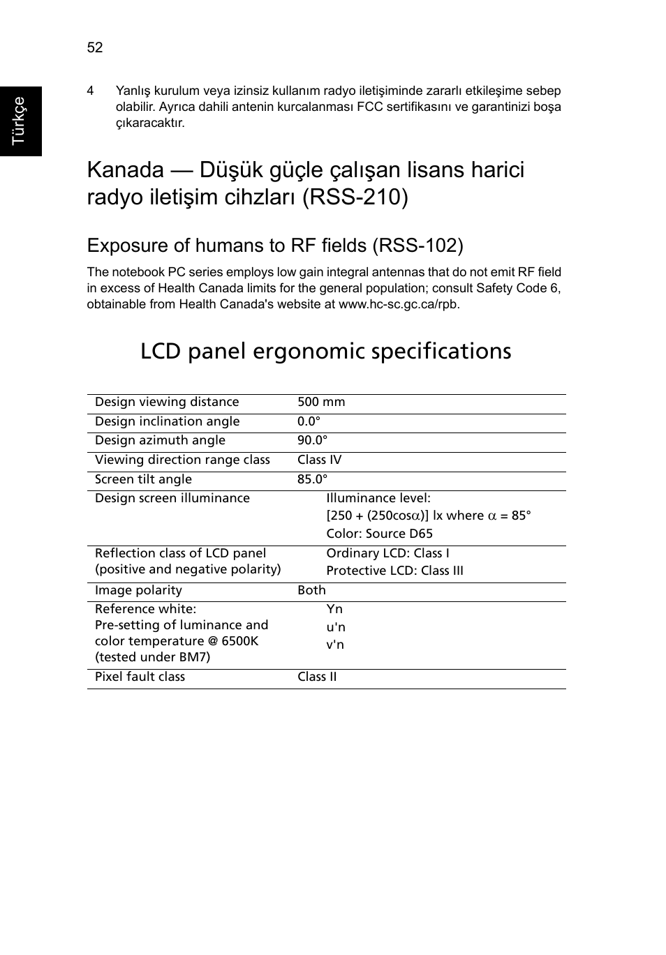 Lcd panel ergonomic specifications, Exposure of humans to rf fields (rss-102) | Acer Aspire 5733Z User Manual | Page 1906 / 2348