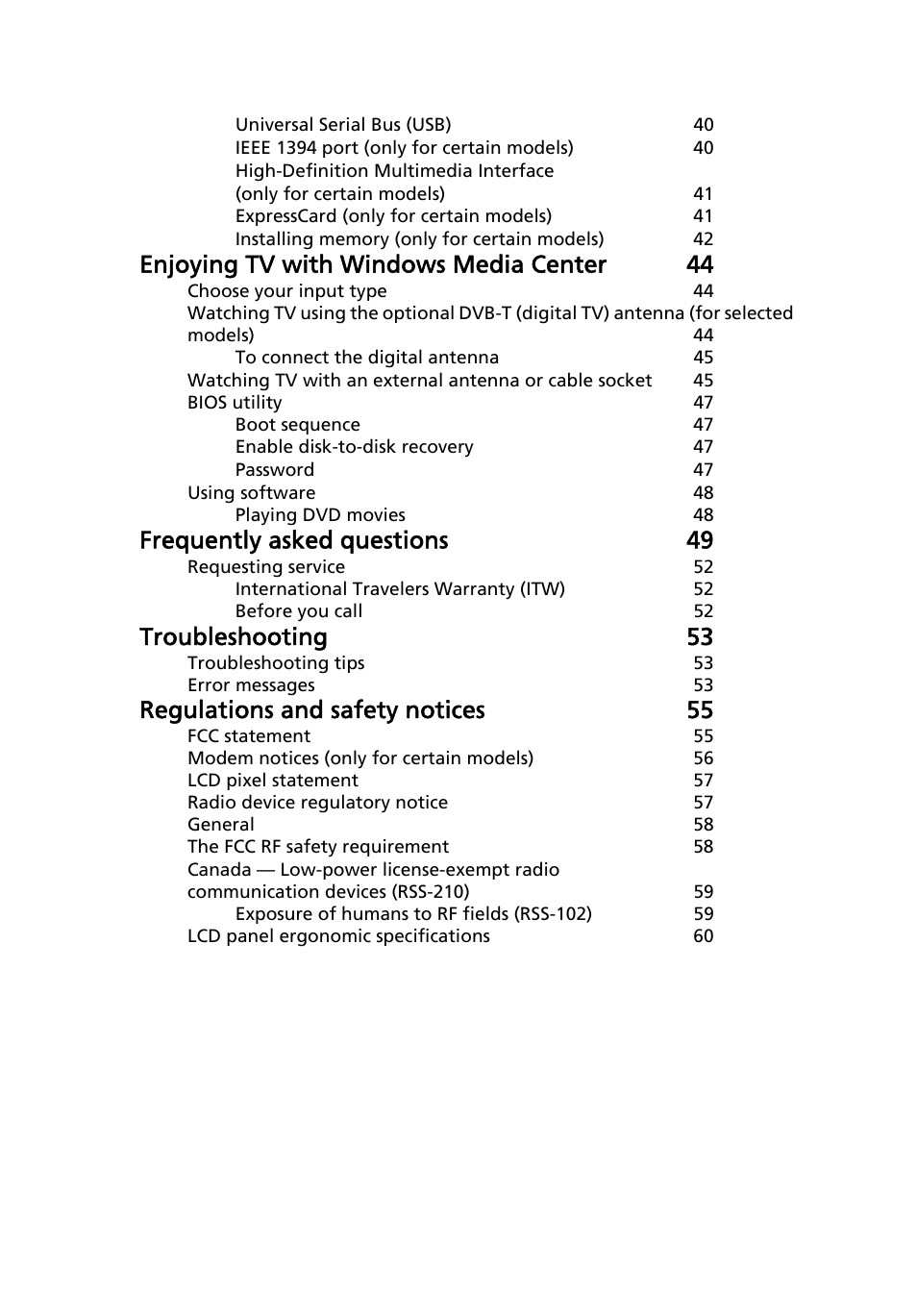 Enjoying tv with windows media center 44, Frequently asked questions 49, Troubleshooting 53 | Regulations and safety notices 55 | Acer Aspire 5733Z User Manual | Page 20 / 2348