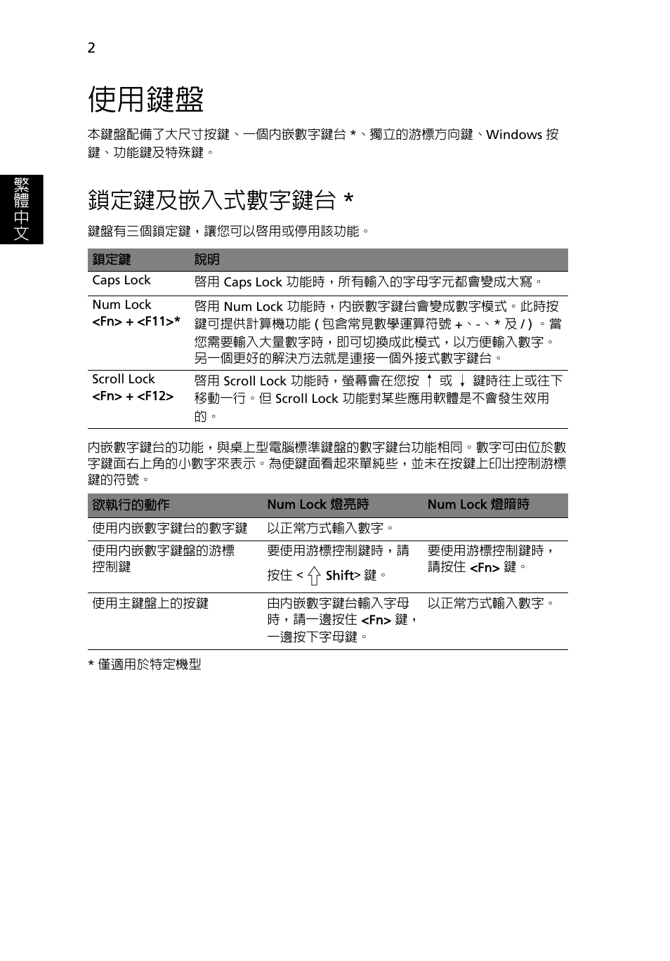 使用鍵盤, 鎖定鍵及嵌入式數字鍵台 | Acer Aspire 5733Z User Manual | Page 2076 / 2348